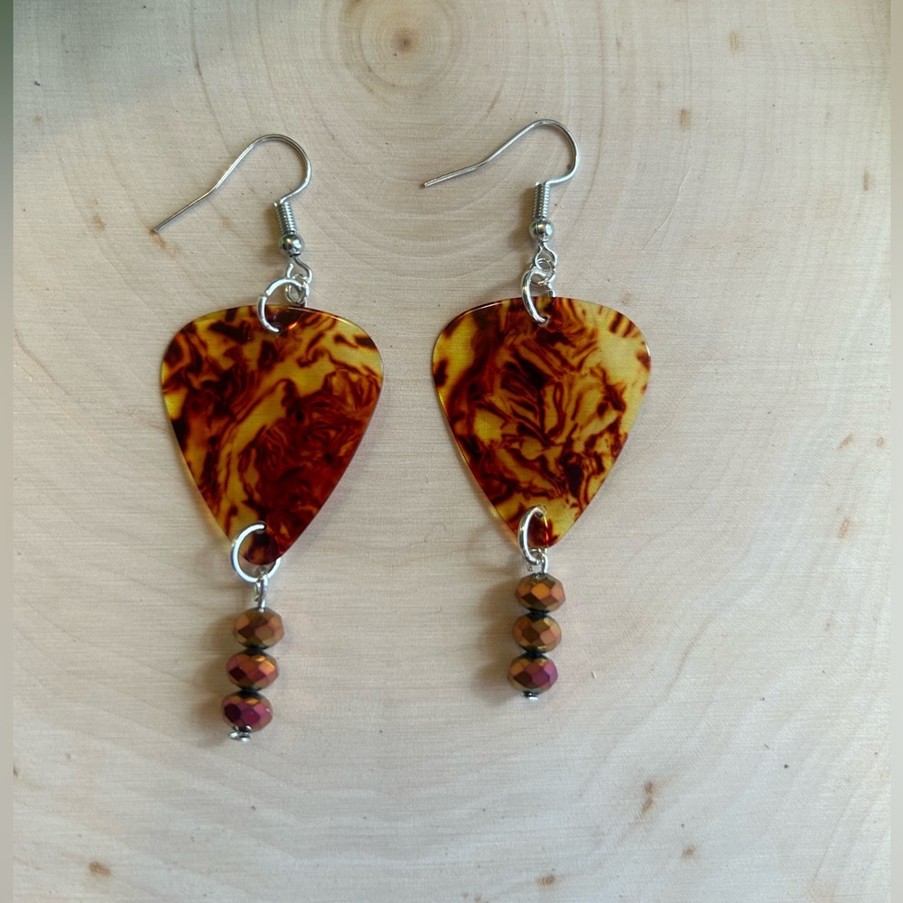 Handmade 90s style Amber colored Guitar Pick Dangle Earrings